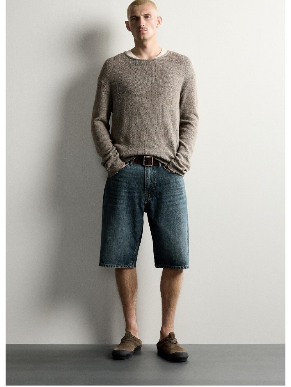 NWT Zara Man Relaxed Fit Knit Long Sleeve Shirt Gray Marl Large